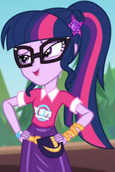 Size: 533x794 | Tagged: safe, imported from derpibooru, screencap, sci-twi, twilight sparkle, equestria girls, equestria girls series, sunset's backstage pass!, spoiler:eqg series (season 2), clothes, collar, cropped, cute, female, forest, forest background, geode of telekinesis, glasses, hairclip, hand on hip, hands on hip, lidded eyes, logo, magical geodes, music festival outfit, ponytail, pouch, shirt, short sleeves, skirt, smiling, solo