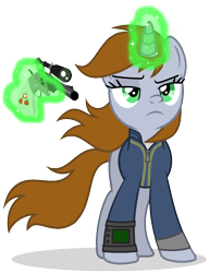 Size: 1084x1414 | Tagged: safe, artist:mlptmntdisneykauane, artist:sailorrainbowyt, imported from derpibooru, oc, oc only, oc:littlepip, pony, unicorn, fallout equestria, badass, base used, clothes, fanfic, fanfic art, female, glowing horn, gun, handgun, hooves, horn, jumpsuit, levitation, little macintosh, magic, mare, optical sight, pipbuck, revolver, show accurate, simple background, solo, telekinesis, transparent background, vault suit, vector, weapon