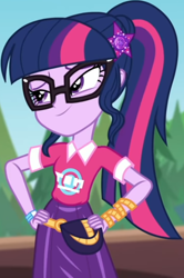 Size: 530x797 | Tagged: safe, imported from derpibooru, screencap, sci-twi, twilight sparkle, equestria girls, equestria girls series, sunset's backstage pass!, spoiler:eqg series (season 2), clothes, collar, cropped, cute, female, forest, geode of fauna, glasses, hairclip, hand on hip, hands on hip, lidded eyes, logo, magical geodes, music festival outfit, ponytail, pouch, shirt, short sleeves, skirt, smiling, solo, wrist wraps