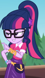 Size: 513x880 | Tagged: safe, imported from derpibooru, screencap, sci-twi, twilight sparkle, equestria girls, equestria girls series, sunset's backstage pass!, spoiler:eqg series (season 2), clothes, collar, cropped, cute, female, forest, forest background, geode of telekinesis, glasses, hairclip, lidded eyes, logo, magical geodes, music festival outfit, pointing, ponytail, pouch, shirt, short sleeves, skirt, smiling, solo, twiabetes, wrist wraps