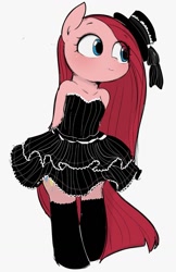 Size: 869x1337 | Tagged: safe, artist:manachaaaaaaaa, imported from derpibooru, pinkie pie, earth pony, semi-anthro, bare shoulders, clothes, cute, cuteamena, dress, female, gothic lolita, hat, hooves behind back, mare, pinkamena diane pie, socks, solo