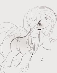 Size: 1023x1306 | Tagged: safe, artist:manachaaaaaaaa, imported from derpibooru, fluttershy, pegasus, pony, butt, female, looking at you, looking back, looking back at you, mare, monochrome, plot, solo