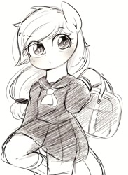 Size: 968x1324 | Tagged: safe, artist:manachaaaaaaaa, imported from derpibooru, applejack, pony, semi-anthro, clothes, cute, dress, female, jackabetes, looking at you, mare, monochrome, sailor uniform, solo, uniform