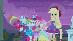 Size: 576x326 | Tagged: safe, imported from derpibooru, screencap, applejack, fluttershy, pinkie pie, rainbow dash, rarity, equestria girls, equestria girls (movie), clothes, cute, dress, eyes closed, fall formal outfits, female, hand on hip, hug, humane five, looking at you, ponied up, tongue out