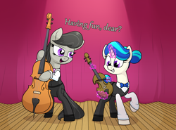 Size: 3201x2373 | Tagged: safe, artist:moonatik, imported from derpibooru, dj pon-3, octavia melody, vinyl scratch, earth pony, pony, unicorn, alternate hairstyle, bow (instrument), bowtie, cello, clothes, curtains, female, hair bun, hypnosis, hypnotized, implied lesbian, implied scratchtavia, implied shipping, magic, mare, missing accessory, musical instrument, stage, vinyl class, violin