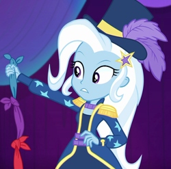 Size: 730x720 | Tagged: safe, imported from derpibooru, screencap, trixie, equestria girls, spring breakdown, cropped, epaulettes, female, hat, magic trick, solo, top hat