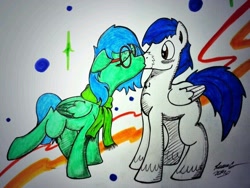 Size: 816x612 | Tagged: safe, alternate version, artist:lucas_gaxiola, imported from derpibooru, oc, oc only, pegasus, pony, abstract background, blushing, clothes, colored, eyes closed, female, glasses, kissing, male, mare, oc x oc, pegasus oc, scarf, shipping, signature, stallion, traditional art, unshorn fetlocks, wings