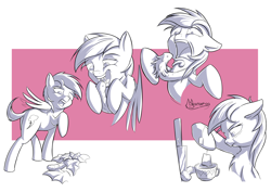Size: 3496x2480 | Tagged: safe, artist:madgehog, imported from derpibooru, rainbow dash, pegasus, pony, angry, blushing, comic, cucumber, cup, female, food, happy, knife, lineart, mare, scared, shadow, tea, teacup, wings
