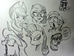 Size: 816x612 | Tagged: safe, artist:lucas_gaxiola, imported from derpibooru, applejack, princess luna, rarity, alicorn, earth pony, pony, unicorn, angry, bust, expressions, grayscale, grin, hat, horse collar, monochrome, smiling, smirk, traditional art, yoke