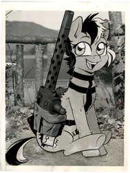 Size: 1352x1789 | Tagged: safe, artist:draw3, imported from derpibooru, oc, oc only, earth pony, pony, /mlp/, 4chan, bag, browning m1919, cute, drawthread, gun, happy, heavy machine gun, looking at you, machine gun, monochrome, ocbetes, photo, ponified, ponified animal photo, saddle bag, sitting, solo, weapon