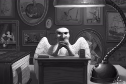 Size: 5184x3456 | Tagged: safe, artist:amarynceus, imported from derpibooru, oc, oc only, oc:der, griffon, book, bookmark, calendar, cup, desk, lamp, looking at you, micro, monochrome, mug, name plate, picture frame, sitting