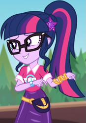 Size: 585x838 | Tagged: safe, imported from derpibooru, screencap, sci-twi, twilight sparkle, equestria girls, equestria girls series, sunset's backstage pass!, spoiler:eqg series (season 2), clothes, collar, cropped, cute, female, forest, forest background, geode of telekinesis, glasses, hairclip, lidded eyes, magical geodes, music festival outfit, ponytail, pouch, shirt, short sleeves, skirt, smiling, solo, twiabetes, wrist wraps