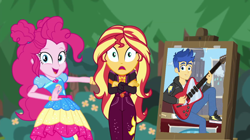 Size: 1280x716 | Tagged: safe, artist:mlpfan3991, edit, edited screencap, imported from derpibooru, screencap, flash sentry, pinkie pie, sunset shimmer, best trends forever, equestria girls, equestria girls series, sunset's backstage pass!, spoiler:eqg series (season 2), female, flashimmer, geode of empathy, geode of sugar bombs, magical geodes, male, music festival outfit, shipping, straight