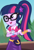 Size: 567x828 | Tagged: safe, imported from derpibooru, screencap, sci-twi, twilight sparkle, equestria girls, equestria girls series, sunset's backstage pass!, spoiler:eqg series (season 2), clothes, collar, cropped, cute, female, forest, forest background, geode of telekinesis, glasses, hairclip, lidded eyes, logo, magical geodes, music festival outfit, ponytail, pouch, shirt, short sleeves, skirt, smiling, solo, twiabetes, wrist wraps