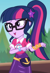 Size: 566x827 | Tagged: safe, imported from derpibooru, screencap, sci-twi, twilight sparkle, equestria girls, equestria girls series, sunset's backstage pass!, spoiler:eqg series (season 2), clothes, collar, cropped, cute, female, forest, forest background, geode of telekinesis, glasses, hairclip, lidded eyes, logo, magical geodes, music festival outfit, ponytail, pouch, shirt, short sleeves, skirt, smiling, solo, twiabetes, wrist wraps