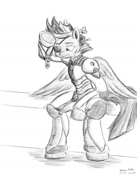 Size: 1280x1630 | Tagged: safe, artist:rockhoppr3, imported from derpibooru, twilight sparkle, alicorn, semi-anthro, armor, clothes, dog tags, eyepatch, female, future twilight, headband, implied applejack, implied death, implied rainbow dash, monochrome, scar, sitting, solid sparkle, solo, spread wings, twilight sparkle (alicorn), wings, x-com, xcom 2