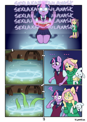 Size: 3114x4354 | Tagged: safe, artist:kumakum, imported from derpibooru, fluttershy, twilight sparkle, anthro, unguligrade anthro, comic:tentacle trouble, blushing, clothes, comic, glowing eyes, glowing horn, horn, i've seen enough hentai to know where this is going, kneeling, levitation, magic, magic circle, reading, starry eyes, summoning, summoning circle, sweat, sweater, sweatershy, telekinesis, tentacles, varying degrees of want, wide eyes, wingding eyes