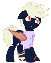 Size: 2009x2473 | Tagged: safe, artist:celestial-rue0w0, artist:lazuli, artist:mint-light, artist:rukemon, imported from derpibooru, oc, oc only, oc:sketchy fang, bat pony, pony, base used, bat pony oc, bat wings, clothes, commission, ear piercing, earring, female, jewelry, mare, necklace, open mouth, pentagram, piercing, shirt, simple background, socks, solo, striped socks, t-shirt, transparent background, wings, wristband