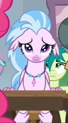 Size: 341x614 | Tagged: safe, imported from derpibooru, screencap, sandbar, silverstream, classical hippogriff, earth pony, hippogriff, pony, school daze, bored, cropped, desk, female, floppy ears, jewelry, male, necklace, sad, sitting, solo focus, teenager