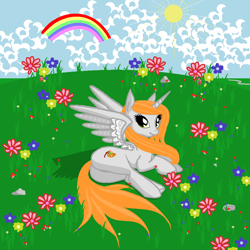 Size: 900x900 | Tagged: safe, alternate version, artist:agdistis, artist:anonymous, imported from derpibooru, oc, oc only, oc:ginger peach, alicorn, pony, /mlp/, alicorn oc, butt, cute, drawthread, flower, grass, green eyes, horn, ocbetes, orange hair, plot, rainbow, solo, sun