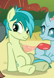 Size: 560x803 | Tagged: safe, imported from derpibooru, screencap, ocellus, sandbar, changedling, changeling, earth pony, pony, school daze, belly, cropped, cute, diaocelles, female, male, prone, sandabetes, sitting, smiling, solo focus, teenager