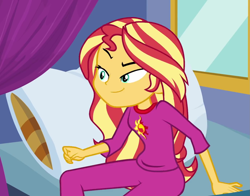 Size: 1379x1080 | Tagged: safe, imported from derpibooru, screencap, sunset shimmer, equestria girls, equestria girls series, sunset's backstage pass!, spoiler:eqg series (season 2), bed, clothes, confident, cropped, determined, female, grin, pajamas, pillow, raised eyebrow, smiling, solo, window