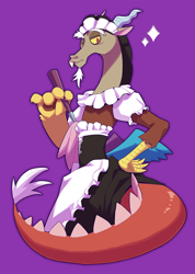 Size: 640x900 | Tagged: safe, artist:vish4ow, artist:yow, imported from derpibooru, discord, draconequus, princess twilight sparkle (episode), clothes, crossdressing, dress, duster, femboy discord, hand on hip, maid, maid discord, male, one eye closed, purple background, simple background, solo