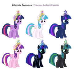 Size: 932x858 | Tagged: safe, artist:pika-robo, imported from derpibooru, nightmare moon, princess cadance, princess celestia, princess luna, queen chrysalis, twilight sparkle, alicorn, pony, big crown thingy, element of magic, female, jewelry, recolor, regalia, simple background, solo, transparent background, twilight sparkle (alicorn)