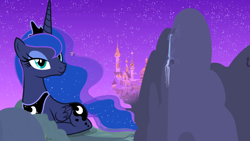 Size: 2560x1440 | Tagged: safe, imported from derpibooru, princess luna, twilight sparkle, alicorn, pony, canterlot, continuity, duo, female, giant pony, growth, macro, mare, mega giant, mega luna, night, sitting, size difference, twilight sparkle (alicorn)