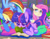 Size: 1500x1162 | Tagged: safe, artist:dawnfire, imported from derpibooru, fluttershy, rainbow dash, spike, twilight sparkle, dragon, pegasus, pony, unicorn, book, cute, female, looking up, lying down, male, mare, open mouth, pillow, prone, reading, signature, spread wings, unicorn twilight, wings