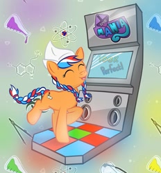 Size: 1160x1250 | Tagged: safe, artist:mistergi, imported from derpibooru, oc, oc only, oc:ember, oc:ember (hwcon), earth pony, pony, abstract background, cute, dance dance revolution, dancing, eyes closed, female, hearth's warming con, mare, netherlands, open mouth, smiling, solo, trotmania