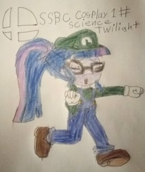 Size: 1080x1278 | Tagged: safe, artist:eddazzling81, imported from derpibooru, sci-twi, twilight sparkle, human, equestria girls, barely eqg related, cap, clothes, crossover, glasses, gloves, hat, long sleeved shirt, long sleeves, luigi, luigi's hat, luitwi, nintendo, shoes, super mario bros., super smash bros., traditional art