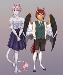 Size: 2780x3300 | Tagged: safe, artist:askbubblelee, imported from derpibooru, oc, oc only, oc:rosie quartz, oc:sunstreak, oc:sunstreak quartz, anthro, pegasus, unguligrade anthro, unicorn, anthro oc, clothes, colt, cousins, digital art, dress, duo, female, filly, male, smiling