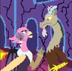 Size: 724x717 | Tagged: safe, artist:ultimatum323, idw, imported from derpibooru, discord, princess eris, draconequus, nightmare knights, spoiler:comic, crying, destruction, pixel art, redesign