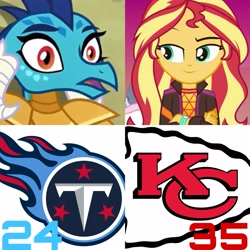 Size: 2289x2289 | Tagged: safe, deleted from derpibooru, imported from derpibooru, princess ember, sunset shimmer, dragon, equestria girls, afc championship, american football, kansas city chiefs, nfl, nfl playoffs, shocked, tennessee titans