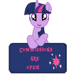 Size: 150x147 | Tagged: safe, artist:majkashinoda626, imported from derpibooru, twilight sparkle, pony, unicorn, advertisement, commission info, commissions are open, commissions open, female, happy, open mouth, sign, simple background, solo, transparent background, unicorn twilight