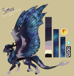 Size: 2783x2858 | Tagged: safe, artist:eperyton, imported from derpibooru, oc, oc only, oc:sirius, draconequus, hybrid, brown background, chest fluff, cloven hooves, color palette, draconequus oc, ethereal wings, fangs, horns, hybrid wings, interspecies offspring, offspring, parent:discord, parent:princess luna, parents:lunacord, reference sheet, simple background, solo, wing claws, wings