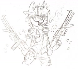 Size: 1703x1498 | Tagged: safe, artist:anonymous, artist:draw3, imported from derpibooru, twilight sparkle, semi-anthro, unicorn, /mlp/, 4chan, badass, bandana, cigarette, clothes, drawthread, female, gun, monochrome, solo, sunglasses, traditional art, weapon