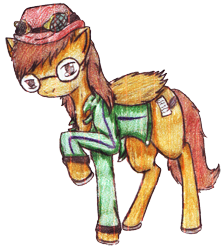 Size: 2414x2699 | Tagged: safe, artist:anonymous, artist:ciaran, derpibooru exclusive, edit, imported from derpibooru, oc, oc only, oc:type writer, pegasus, pony, 2020 community collab, derpibooru community collaboration, bowler hat, clothes, glasses, hat, jacket, simple background, solo, traditional art, transparent background