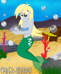 Size: 1893x2296 | Tagged: safe, artist:cyber-murph, imported from derpibooru, derpy hooves, mermaid, series:cyber-murph's mermaids, equestria girls, belly, belly button, bikini, breasts, cleavage, clothes, coral, cute, derpabetes, flowing hair, mermaidized, midriff, pearl, rock, signature, species swap, swimsuit, treasure chest, underwater