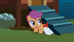 Size: 2880x1620 | Tagged: safe, imported from derpibooru, screencap, scootaloo, bird, chicken, pegasus, pony, season 1, stare master, chicken coop, crouching, duo, egg, eyes closed, female, filly, foal, hiding, looking at something