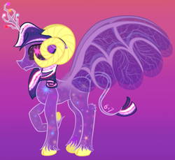 Size: 2400x2200 | Tagged: safe, artist:sixes&sevens, imported from derpibooru, tree of harmony, twilight sparkle, alicorn, body horror, cloven hooves, eldritch abomination, female, gradient background, ram horns, stars, treelight sparkle