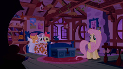 Size: 2880x1620 | Tagged: safe, imported from derpibooru, screencap, apple bloom, fluttershy, scootaloo, sweetie belle, earth pony, pegasus, pony, unicorn, stare master, bed, bedroom, bird house, cutie mark crusaders, female, filly, fluttershy's cottage, foal, mare, nest, night, window