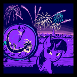 Size: 825x825 | Tagged: safe, artist:hazeyhooves, imported from derpibooru, discord, twilight sparkle, alicorn, pony, clock, fanfic art, fireworks, twilight sparkle (alicorn)