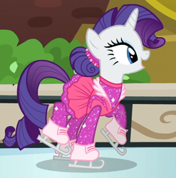 Size: 686x693 | Tagged: safe, imported from derpibooru, screencap, rarity, pony, unicorn, the gift of the maud pie, cropped, cute, female, hair bun, ice skates, ice skating, mare, open mouth, profile, raribetes, solo