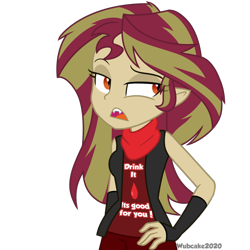 Size: 1280x1280 | Tagged: safe, artist:wubcakeva, imported from derpibooru, sunset shimmer, human, undead, vampire, equestria girls, bacon hair, fangs, female, hand on hip, lidded eyes, open mouth, solo, sunset shimmer is not amused, unamused, vampire shimmer