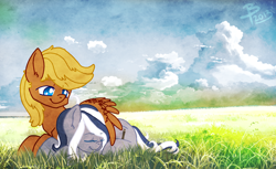 Size: 1678x1024 | Tagged: safe, artist:flutterbree, imported from derpibooru, oc, oc:6pony66, oc:flutterbree, earth pony, pegasus, cloud, cute, field, scenery