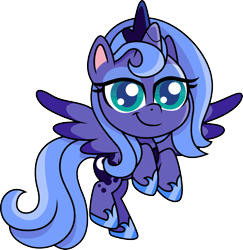 Size: 1280x1316 | Tagged: safe, artist:cloudy glow, artist:cloudyglow, imported from derpibooru, princess luna, alicorn, pony, my little pony: pony life, crown, cute, eyeshadow, female, filly, flying, foal, g4, g4 to g4.5, g4.5, jewelry, lidded eyes, looking at you, lunabetes, makeup, regalia, s1 luna, simple background, solo, transparent background, woona, young, younger