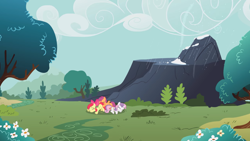 Size: 2880x1620 | Tagged: safe, imported from derpibooru, screencap, apple bloom, scootaloo, sweetie belle, earth pony, pegasus, pony, the show stoppers, cutie mark crusaders, eyes closed, female, filly, foal, prone, rock, snow, trio