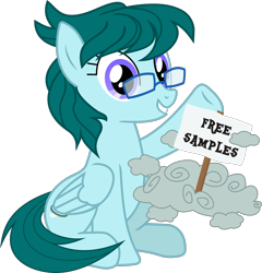 Size: 1248x1302 | Tagged: safe, artist:yoshimon1, derpibooru exclusive, imported from derpibooru, oc, oc only, oc:cloudy bits, pegasus, pony, 2020 community collab, derpibooru community collaboration, cloud, female, glasses, looking at you, mare, raised hoof, sign, simple background, sitting, solo, story included, transparent background